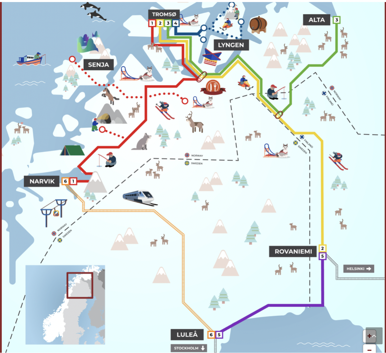 Map of the Arctic Bus Route connecting northern Scandinavian cities