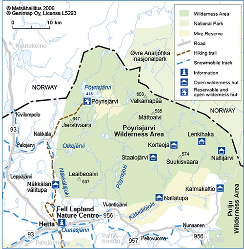 Map of Pöyrisjärvi Wilderness Area with hiking and quadbike trails