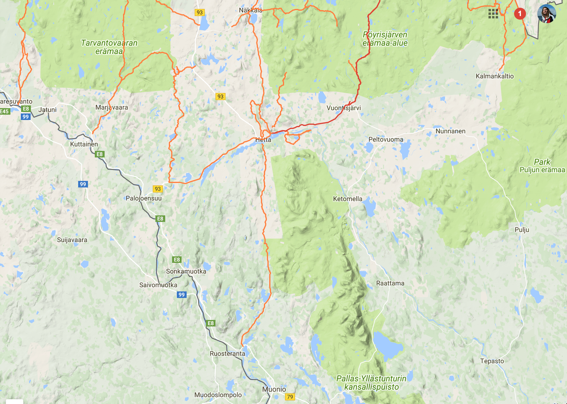 Map of fat-biking trails around Hetta