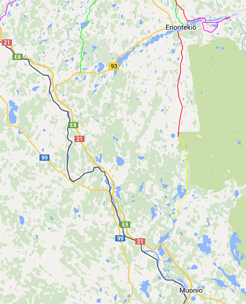 Map showing gravelled forestry road biking routes near Hetta
