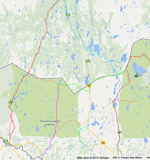 Map of biking trails in the Tarvantovaara wilderness area