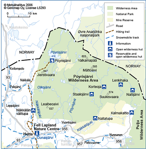 Map of biking routes in the Pöyrisjärvi wilderness area