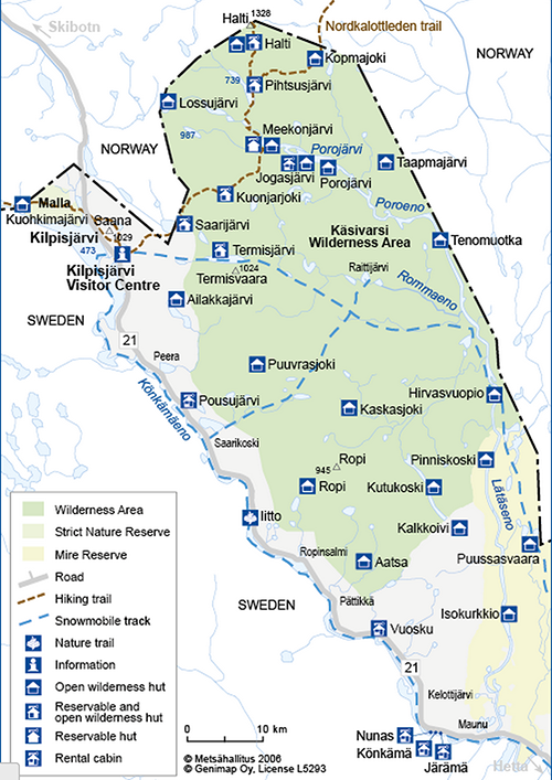 Map of huts in the Käsivarsi Wilderness Area and Kilpisjärvi region