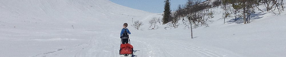 Skier crossing the snowy fells of Finland's national park landscape