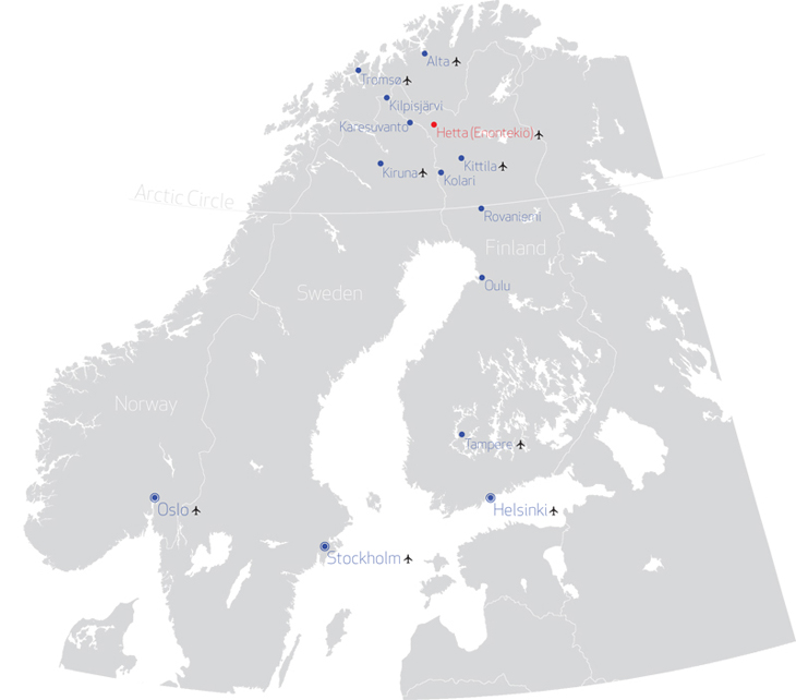 Map of Arctic Scandinavia showing Hetta and the key regional airports