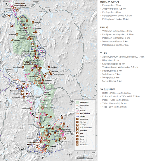 Map of the Pallas-Yllästunturi National Park