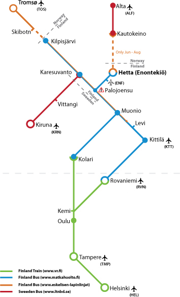 Schematic map of Hetta's position relative to northern Scandinavian airports and terminals