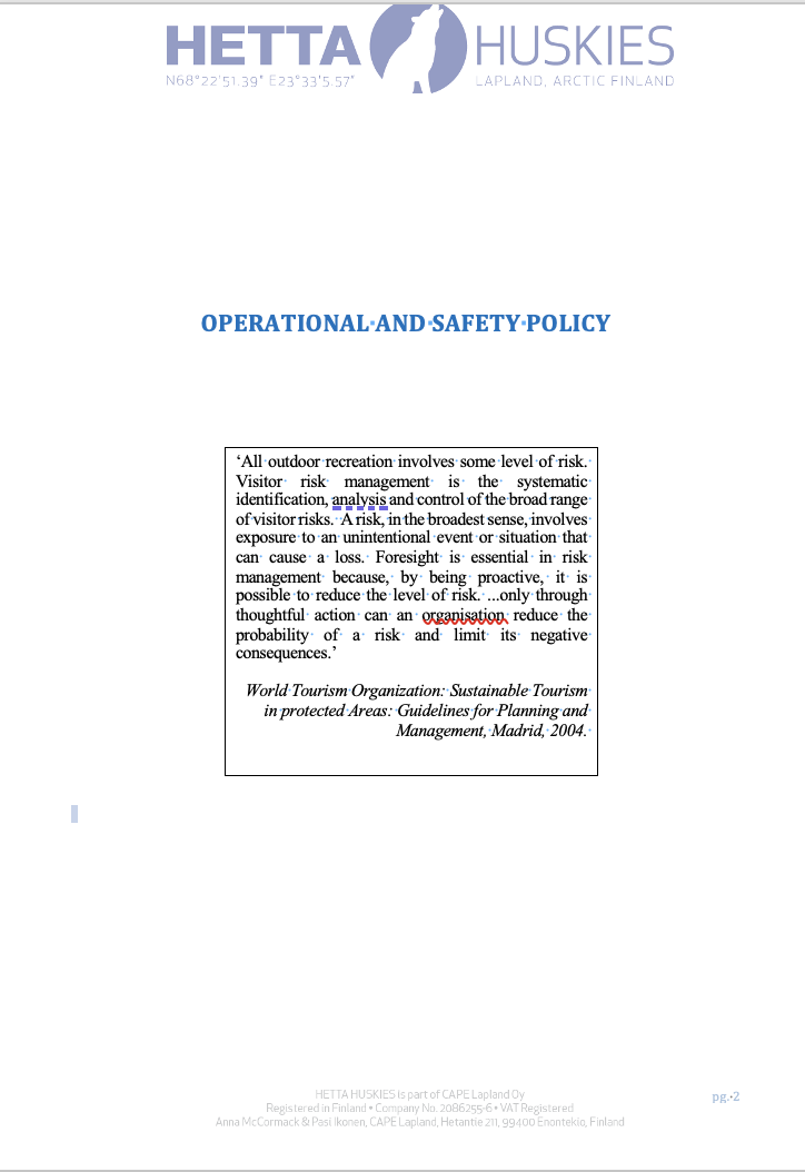 Front page of the company's safety document